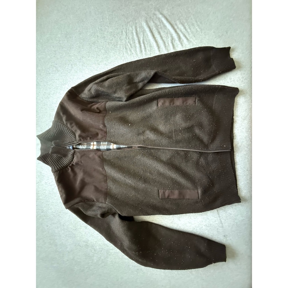 Izod Mens XL Brown Full Zip Fleece Lined Knit Jacket Plaid Bonded Sweater Mock